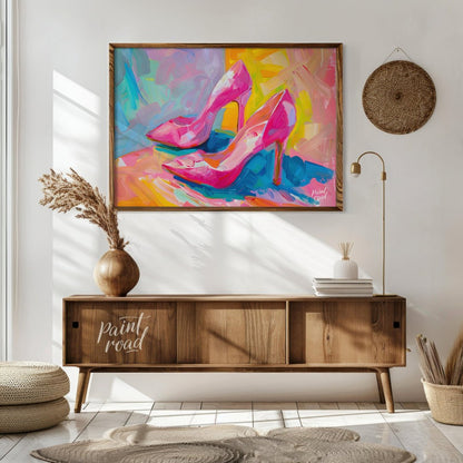 This beautiful painting captures the playful elegance of a pair of bright pink high heels. The shoe… for living room