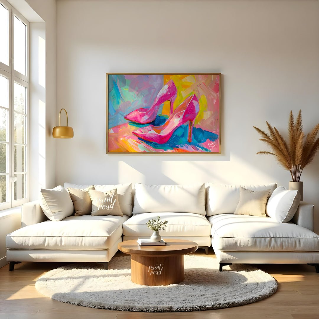 This beautiful painting captures the playful elegance of a pair of bright pink high heels. The shoe… for living room