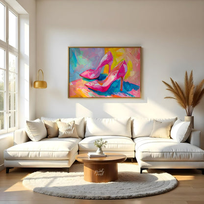 This beautiful painting captures the playful elegance of a pair of bright pink high heels. The shoe… for living room
