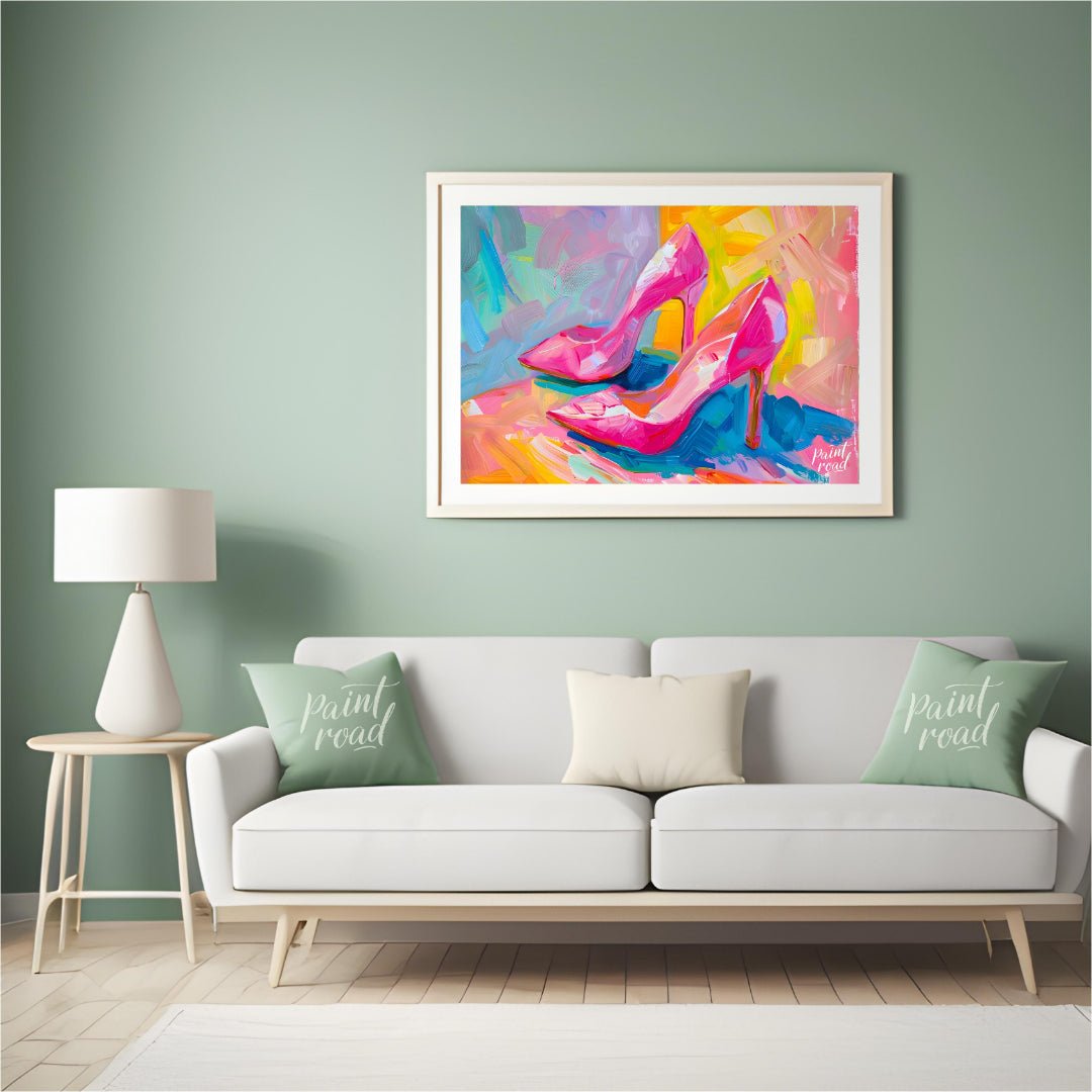 This beautiful painting captures the playful elegance of a pair of bright pink high heels. The shoe… for living room