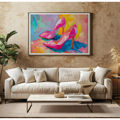 This beautiful painting captures the playful elegance of a pair of bright pink high heels. The shoe… for living room
