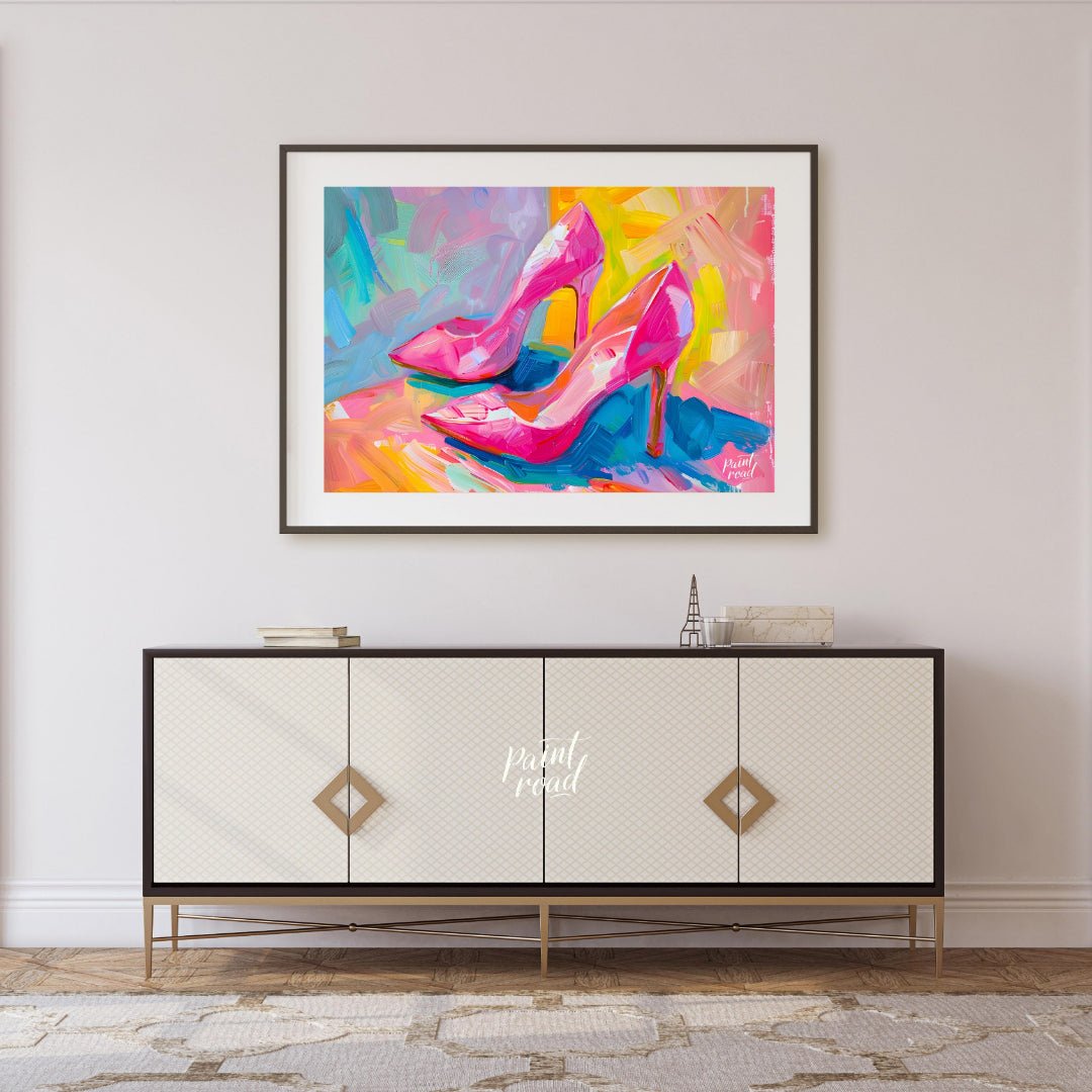 This beautiful painting captures the playful elegance of a pair of bright pink high heels. The shoe… for living room