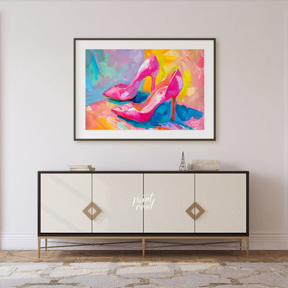 This beautiful painting captures the playful elegance of a pair of bright pink high heels. The shoe… for living room