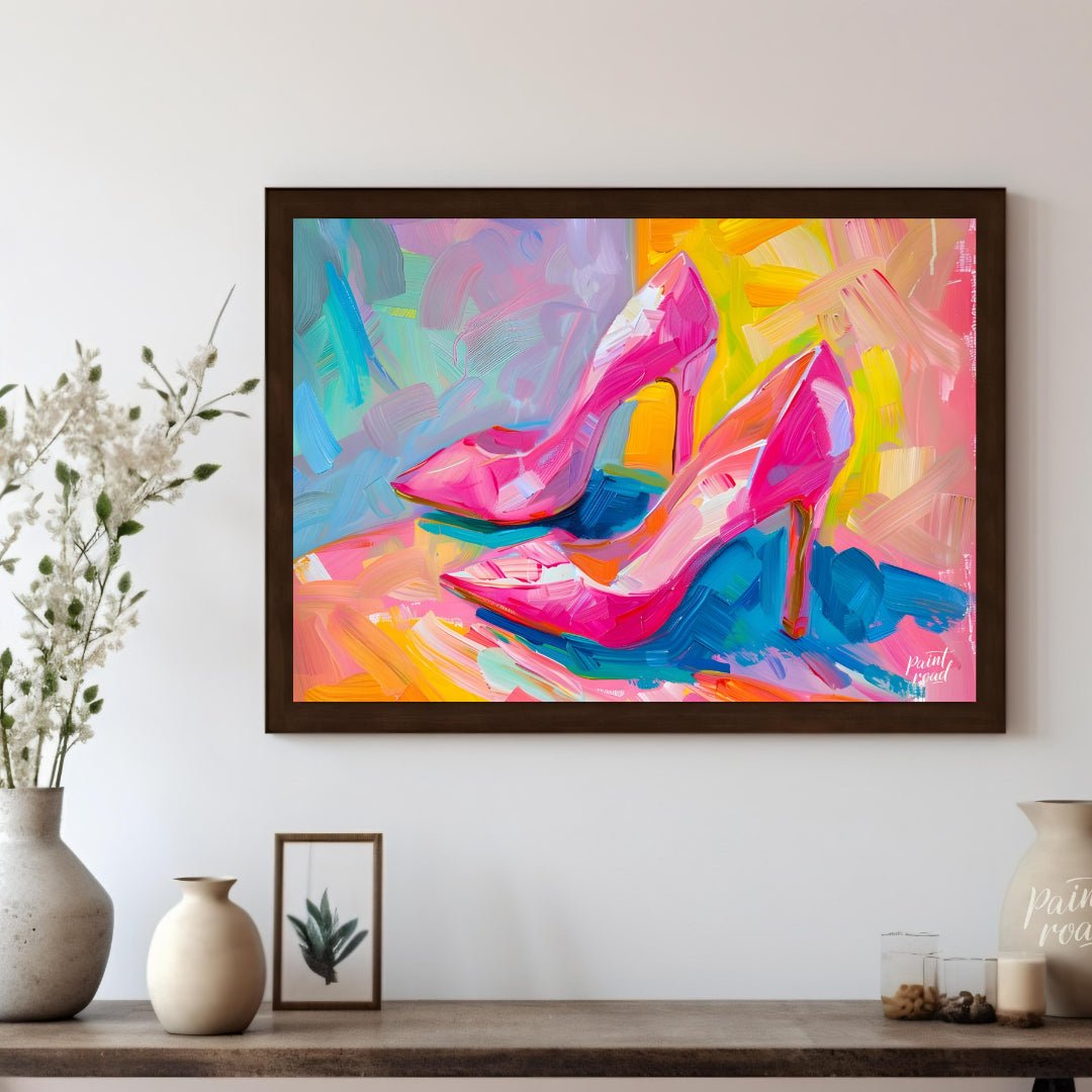 This beautiful painting captures the playful elegance of a pair of bright pink high heels. The shoe… for other