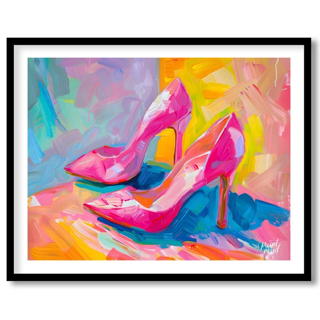 This beautiful painting captures the playful elegance of a pair of bright pink high heels. The shoe… for space