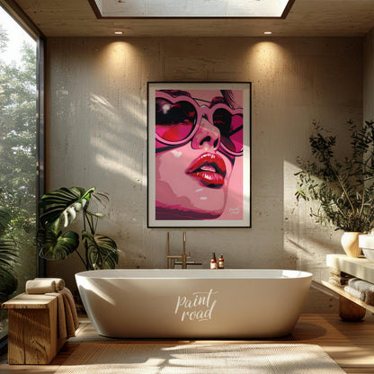 This striking digital artwork features a close-up portrait with a bold, graphic style. The subject,… for bathroom