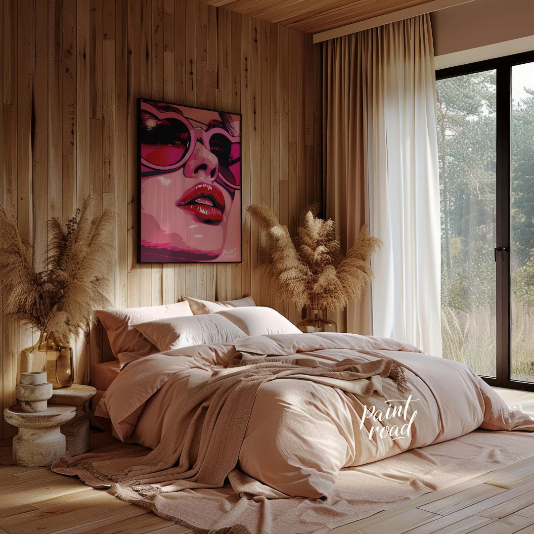 This striking digital artwork features a close-up portrait with a bold, graphic style. The subject,… for bedroom