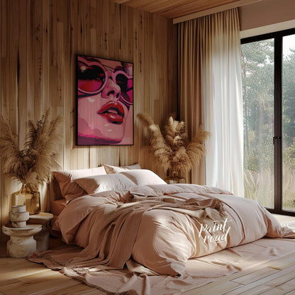 This striking digital artwork features a close-up portrait with a bold, graphic style. The subject,… for bedroom