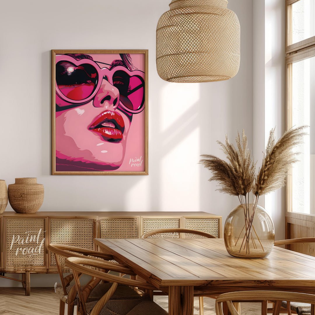 This striking digital artwork features a close-up portrait with a bold, graphic style. The subject,… for dining room