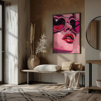 This striking digital artwork features a close-up portrait with a bold, graphic style. The subject,… for entryway