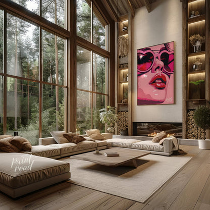 This striking digital artwork features a close-up portrait with a bold, graphic style. The subject,… for living room