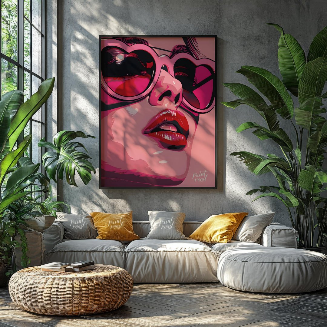 This striking digital artwork features a close-up portrait with a bold, graphic style. The subject,… for living room