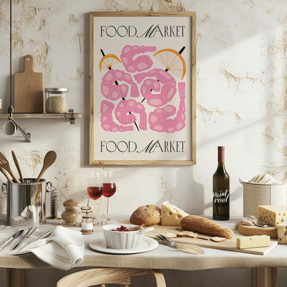 This eye-catching poster, titled "FOOD MARKET" at both the top and bottom, showcases an artistic in… for kitchen