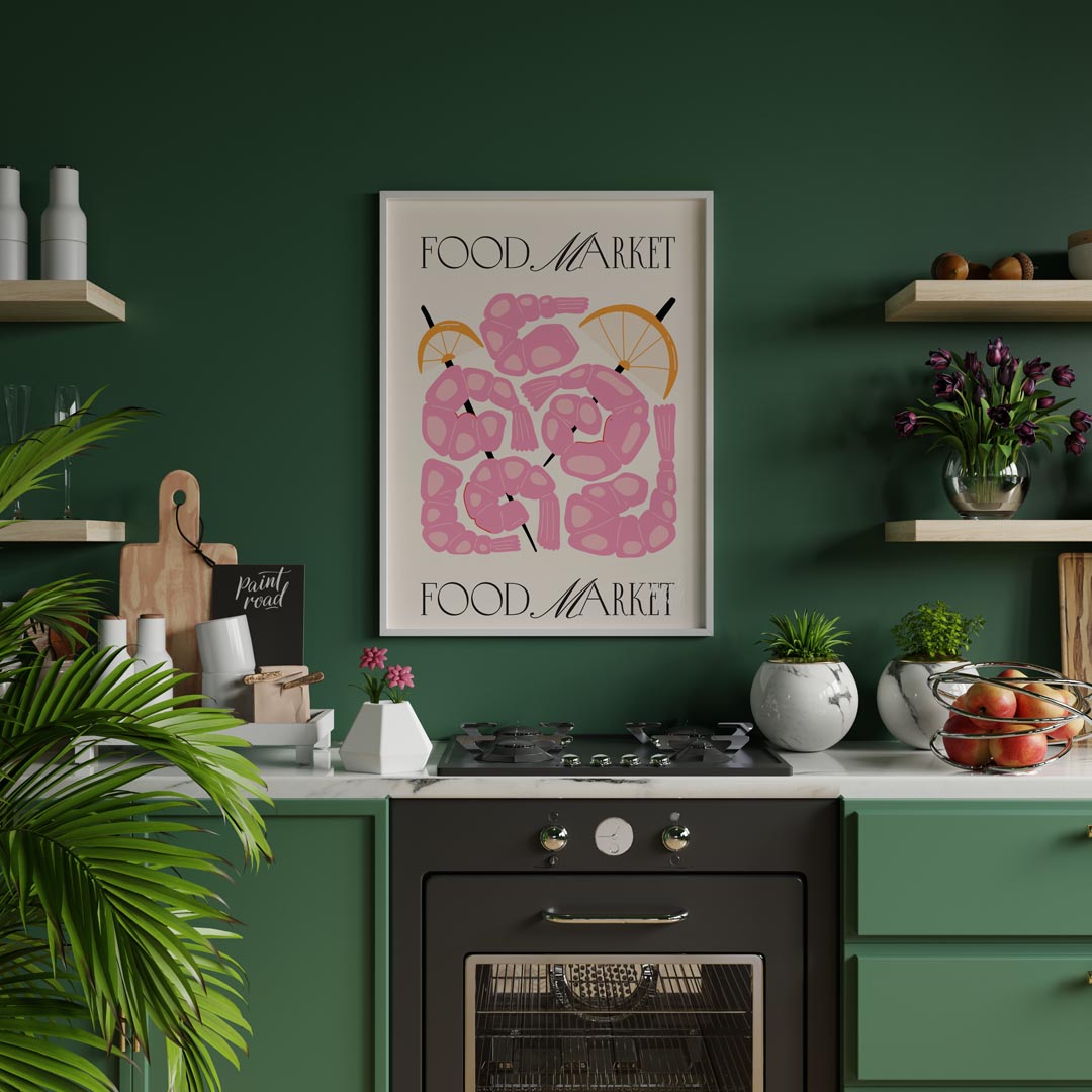 This eye-catching poster, titled "FOOD MARKET" at both the top and bottom, showcases an artistic in… for kitchen