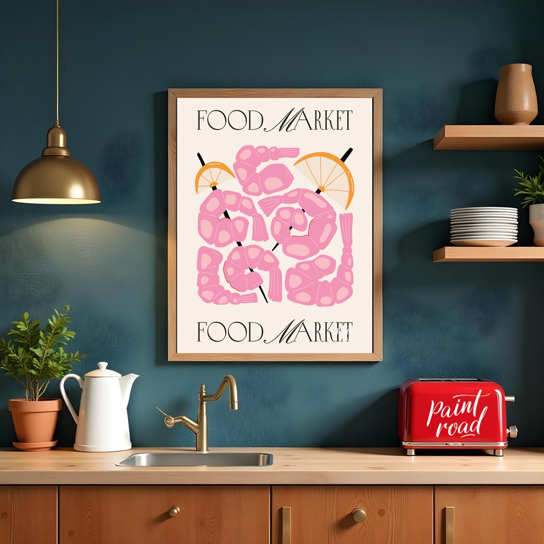 This eye-catching poster, titled "FOOD MARKET" at both the top and bottom, showcases an artistic in… for kitchen