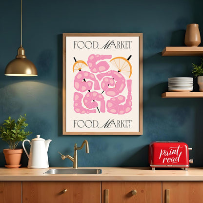 This eye-catching poster, titled "FOOD MARKET" at both the top and bottom, showcases an artistic in… for kitchen