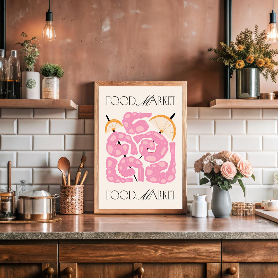 This eye-catching poster, titled "FOOD MARKET" at both the top and bottom, showcases an artistic in… for kitchen