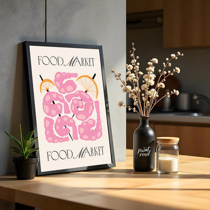 This eye-catching poster, titled "FOOD MARKET" at both the top and bottom, showcases an artistic in… for kitchen