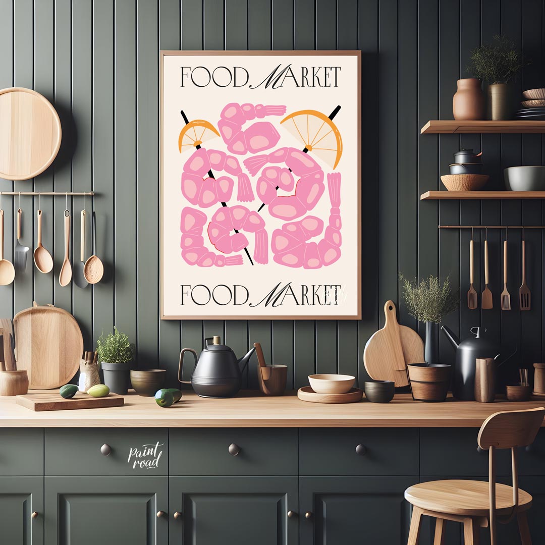 This eye-catching poster, titled "FOOD MARKET" at both the top and bottom, showcases an artistic in… for kitchen