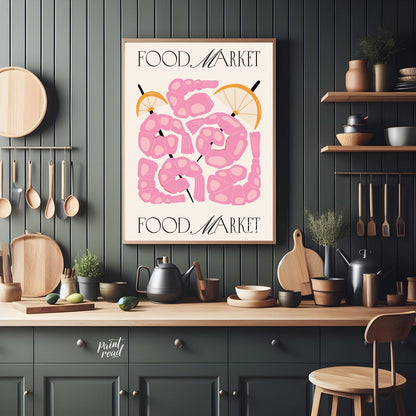 This eye-catching poster, titled "FOOD MARKET" at both the top and bottom, showcases an artistic in… for kitchen