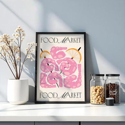 This eye-catching poster, titled "FOOD MARKET" at both the top and bottom, showcases an artistic in… for kitchen