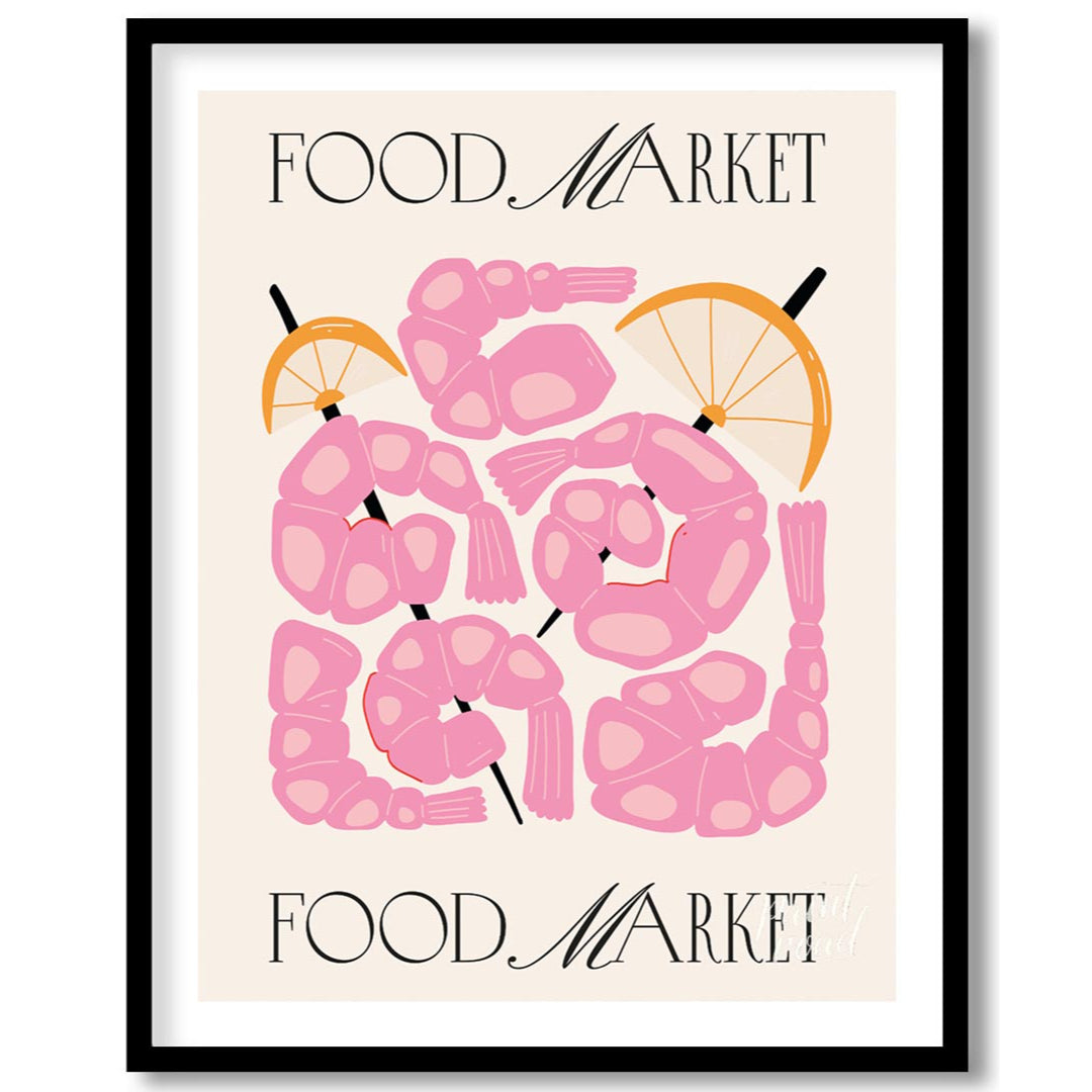 This eye-catching poster, titled "FOOD MARKET" at both the top and bottom, showcases an artistic in… for space