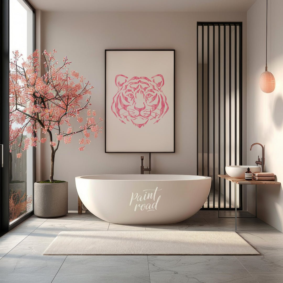 This striking art print features an abstract depiction of a tiger’s head rendered in various shades… for bathroom