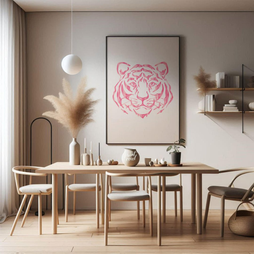 This striking art print features an abstract depiction of a tiger’s head rendered in various shades… for dining room