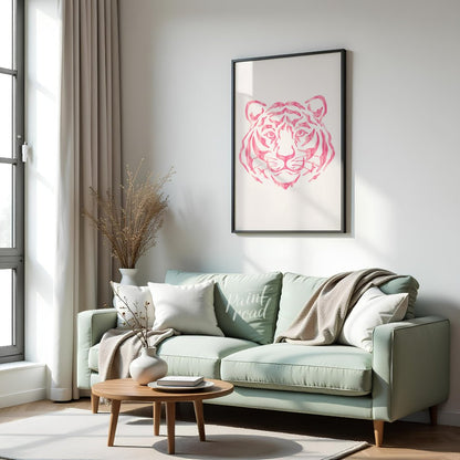 This striking art print features an abstract depiction of a tiger’s head rendered in various shades… for living room