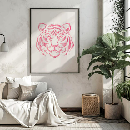 This striking art print features an abstract depiction of a tiger’s head rendered in various shades… for living room