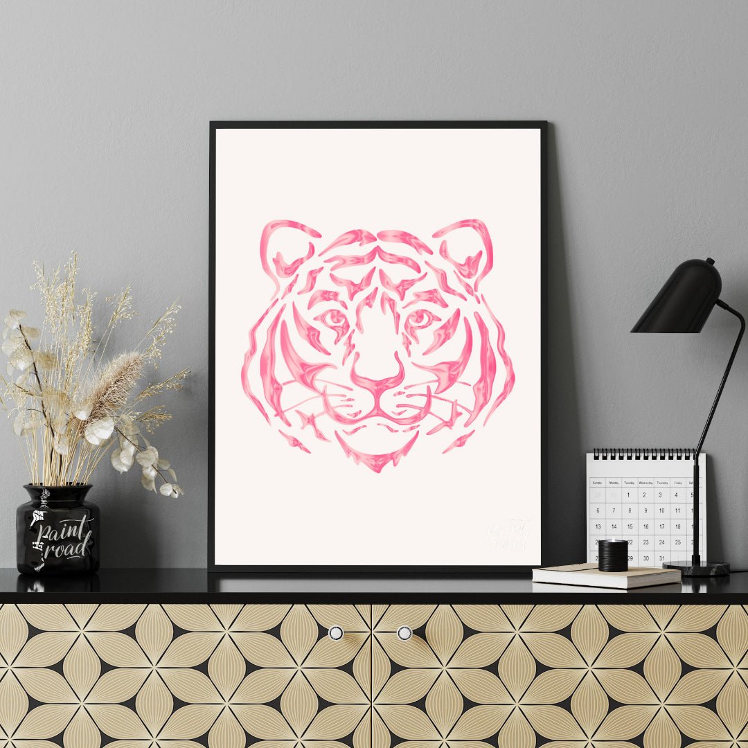 This striking art print features an abstract depiction of a tiger’s head rendered in various shades… for office