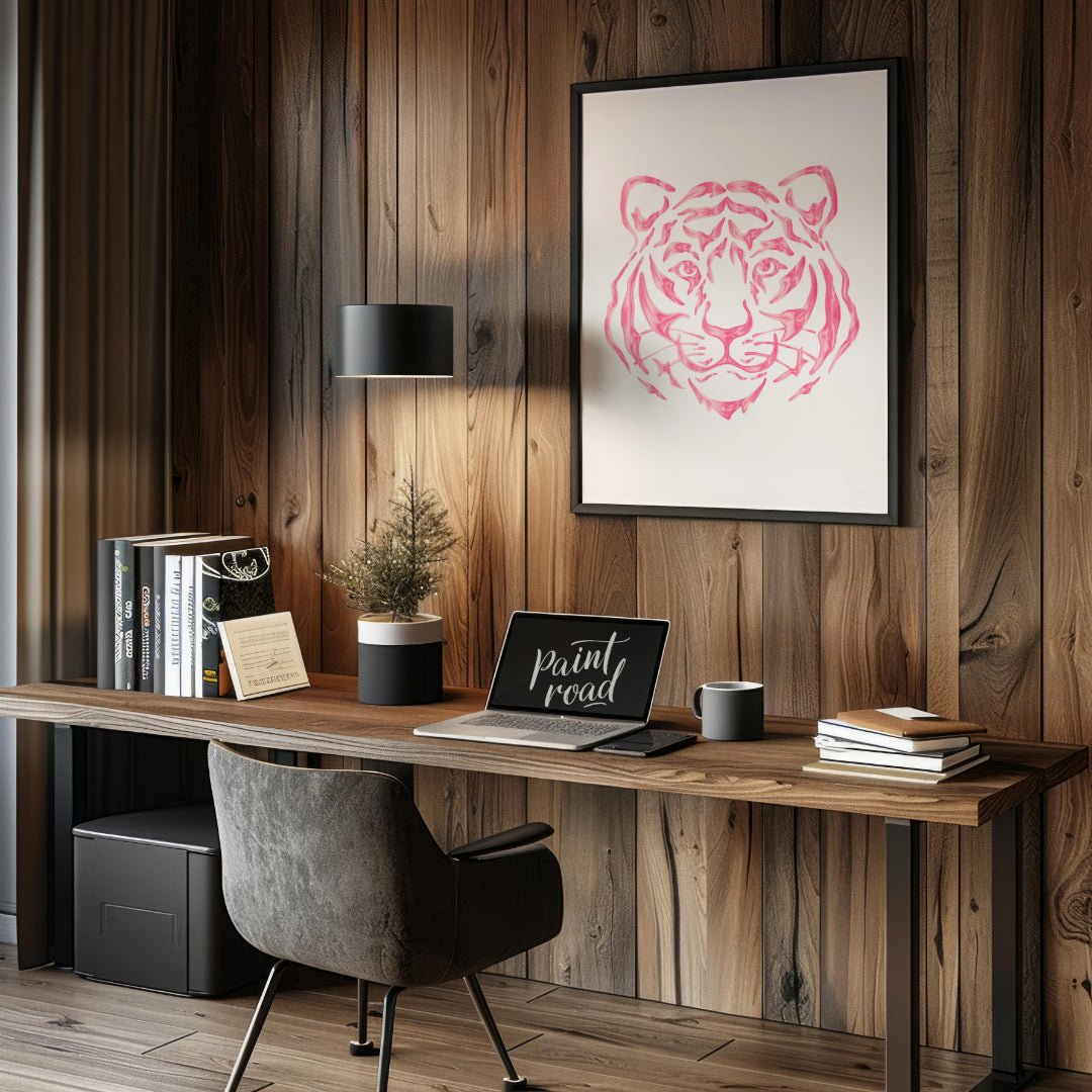 This striking art print features an abstract depiction of a tiger’s head rendered in various shades… for office
