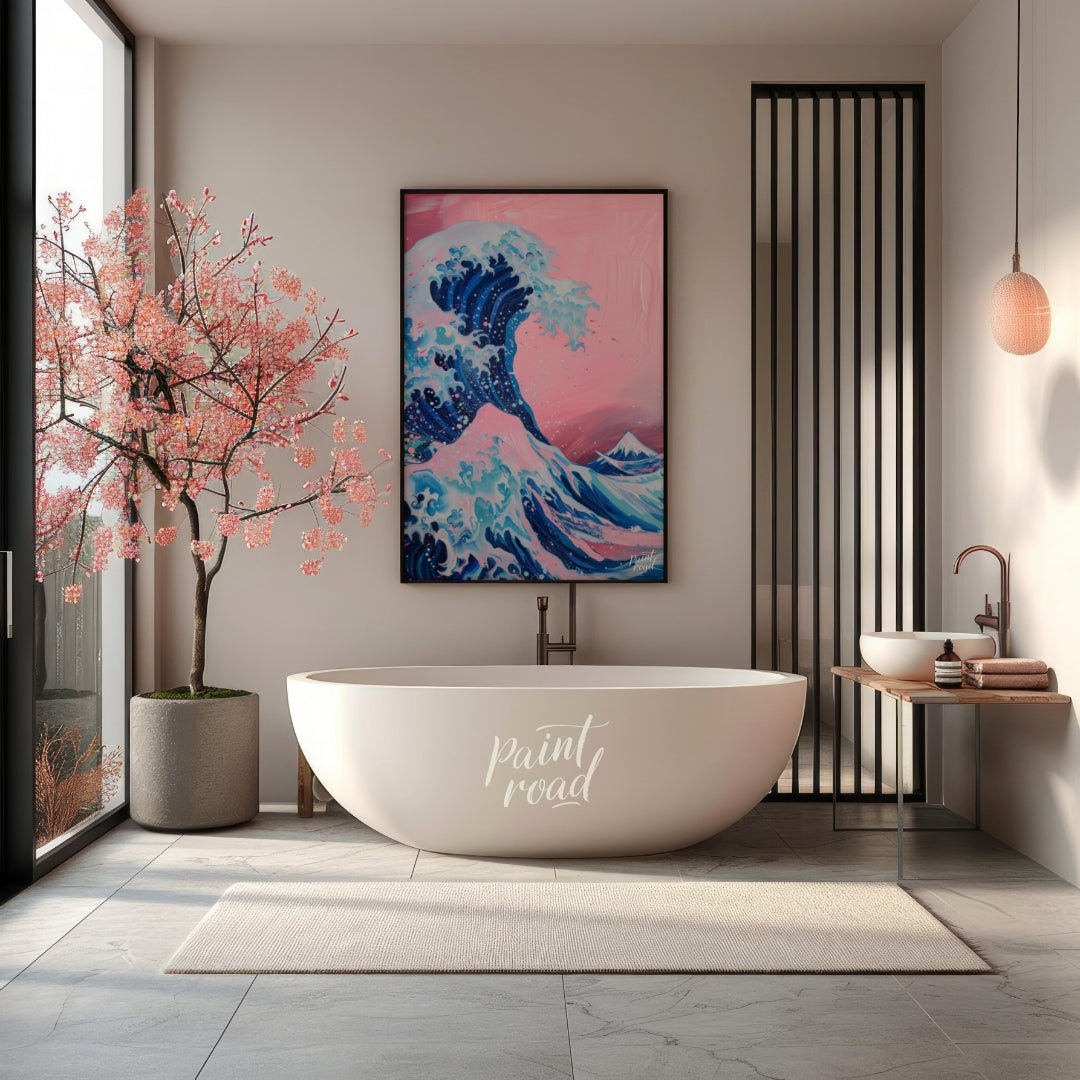"Pink Wave Ascent" presents a stylized rendition of a powerful wave, reminiscent of Japanese art, r… for bathroom