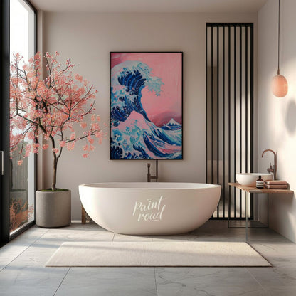 "Pink Wave Ascent" presents a stylized rendition of a powerful wave, reminiscent of Japanese art, r… for bathroom