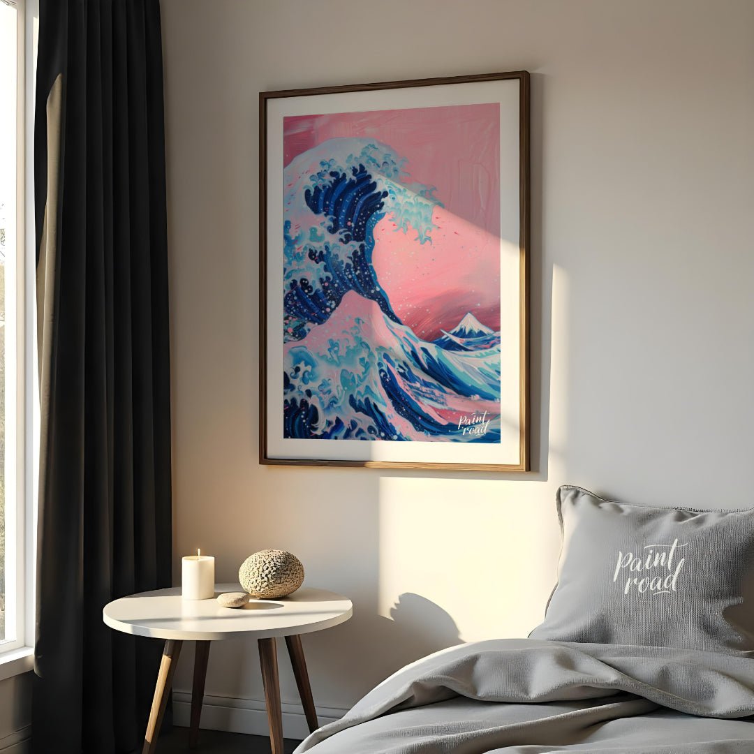 "Pink Wave Ascent" presents a stylized rendition of a powerful wave, reminiscent of Japanese art, r… for bedroom