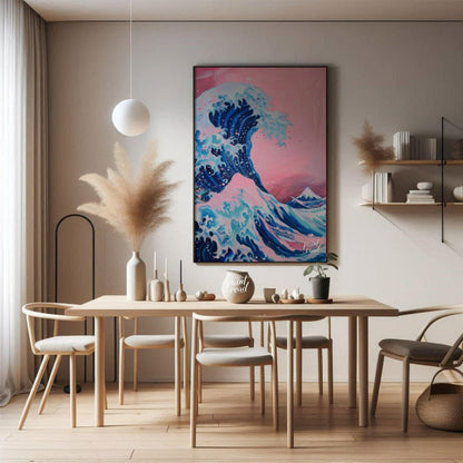"Pink Wave Ascent" presents a stylized rendition of a powerful wave, reminiscent of Japanese art, r… for dining room