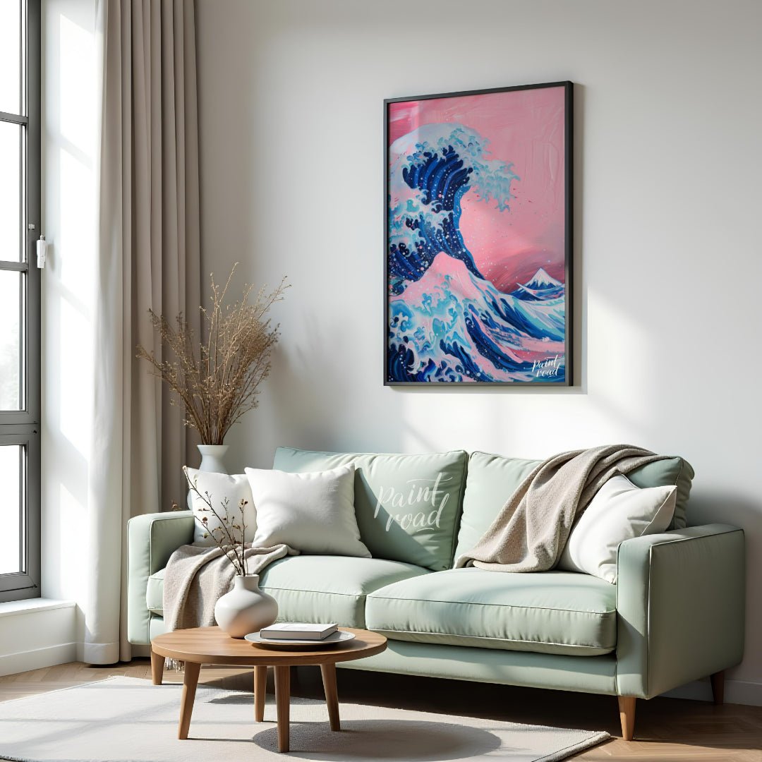 "Pink Wave Ascent" presents a stylized rendition of a powerful wave, reminiscent of Japanese art, r… for living room
