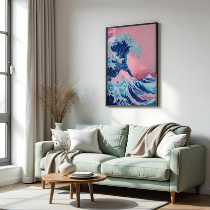 "Pink Wave Ascent" presents a stylized rendition of a powerful wave, reminiscent of Japanese art, r… for living room