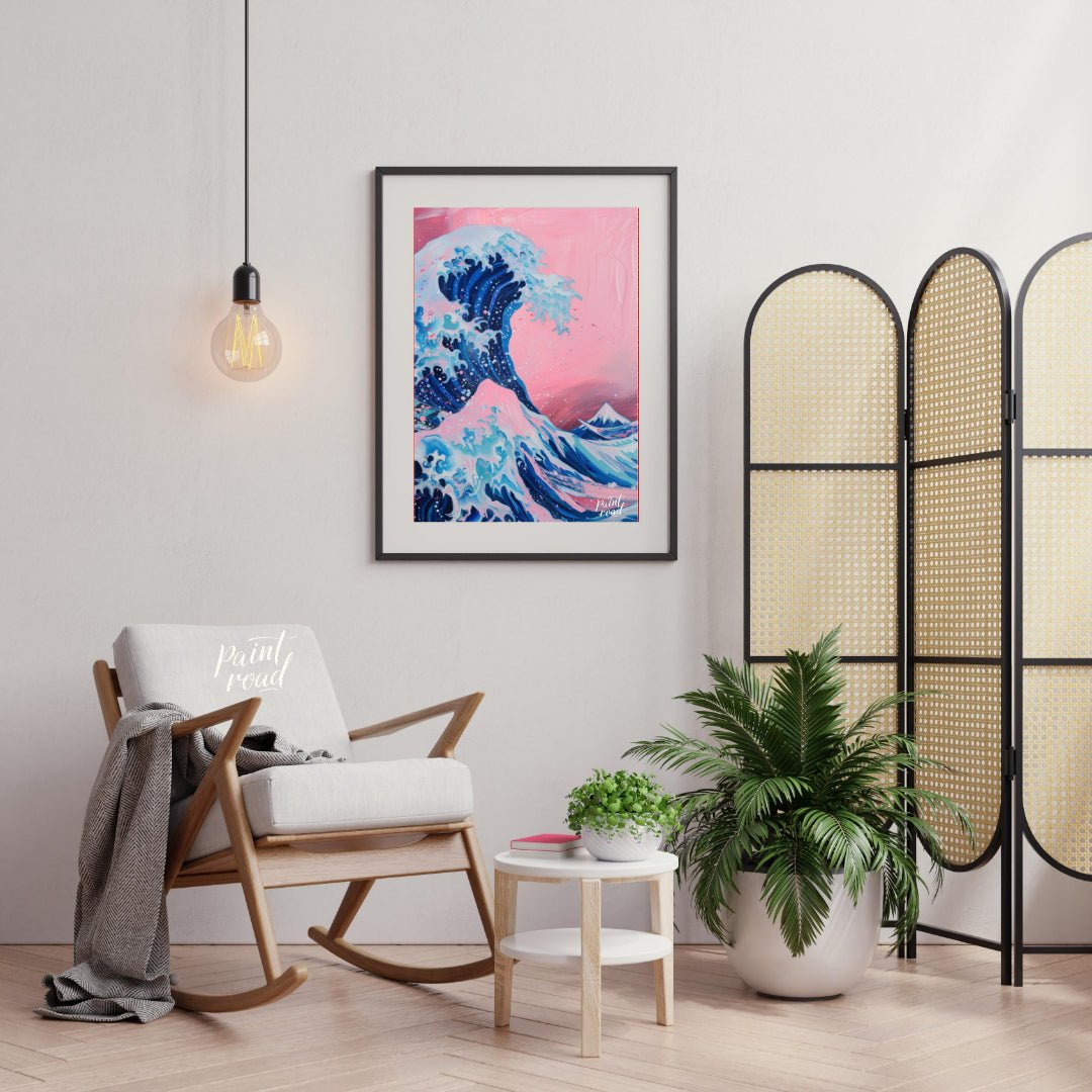 "Pink Wave Ascent" presents a stylized rendition of a powerful wave, reminiscent of Japanese art, r… for living room