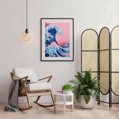 "Pink Wave Ascent" presents a stylized rendition of a powerful wave, reminiscent of Japanese art, r… for living room