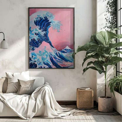 "Pink Wave Ascent" presents a stylized rendition of a powerful wave, reminiscent of Japanese art, r… for living room