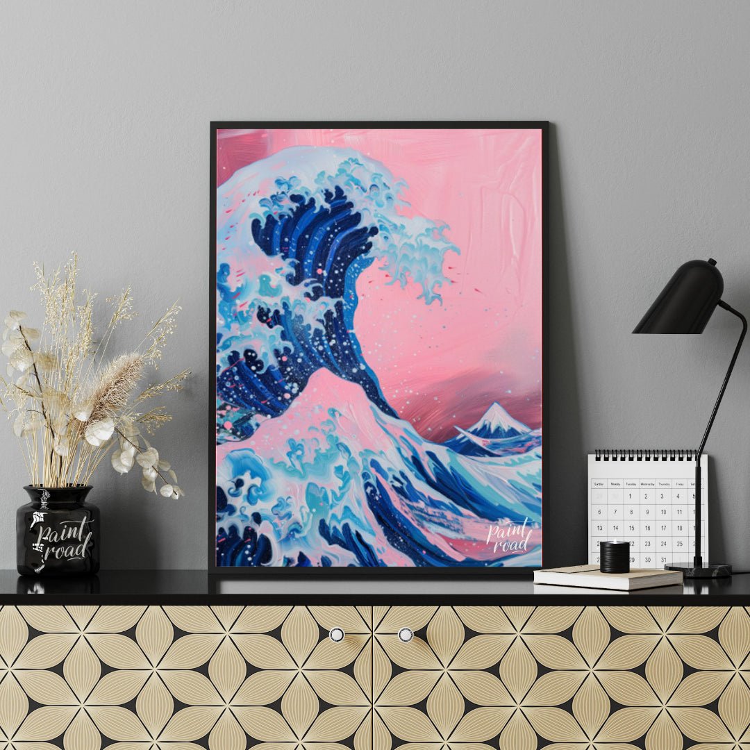 "Pink Wave Ascent" presents a stylized rendition of a powerful wave, reminiscent of Japanese art, r… for office