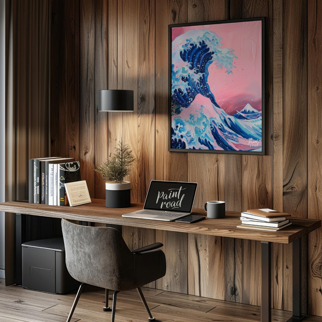 "Pink Wave Ascent" presents a stylized rendition of a powerful wave, reminiscent of Japanese art, r… for office