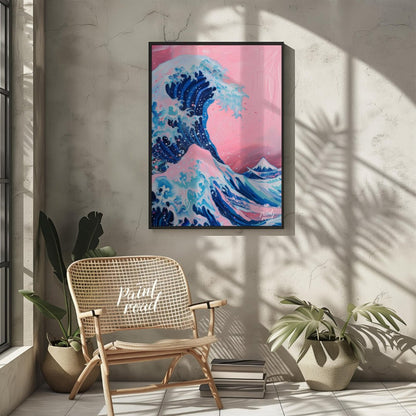 "Pink Wave Ascent" presents a stylized rendition of a powerful wave, reminiscent of Japanese art, r… for other