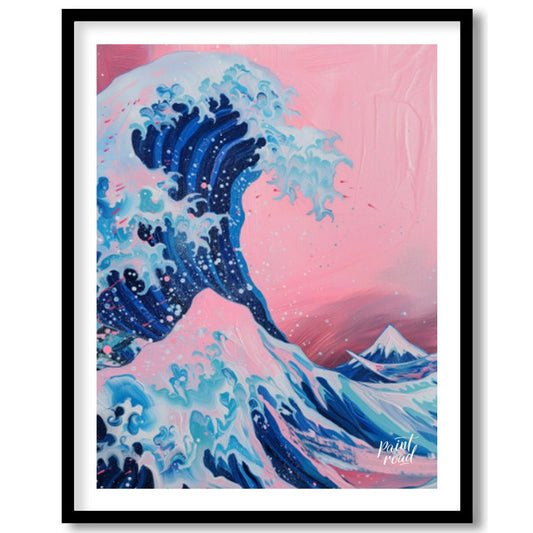 "Pink Wave Ascent" presents a stylized rendition of a powerful wave, reminiscent of Japanese art, r… for place