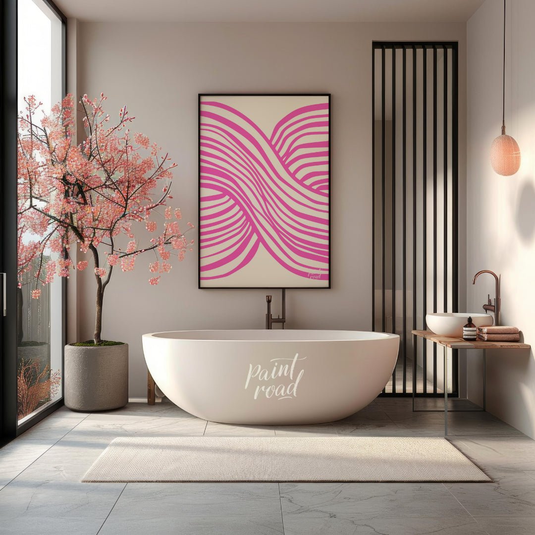 This vibrant abstract artwork features a dynamic composition of interwoven wavy lines in a striking… for bathroom