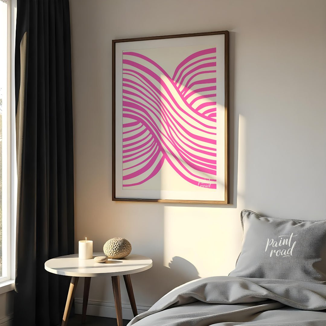 This vibrant abstract artwork features a dynamic composition of interwoven wavy lines in a striking… for bedroom