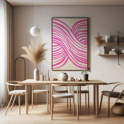 This vibrant abstract artwork features a dynamic composition of interwoven wavy lines in a striking… for dining room