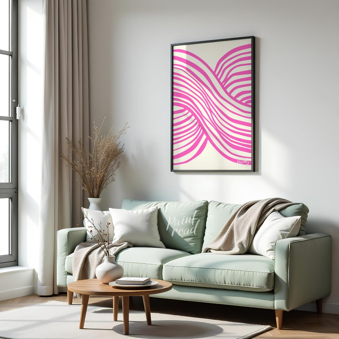 This vibrant abstract artwork features a dynamic composition of interwoven wavy lines in a striking… for living room