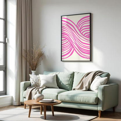 This vibrant abstract artwork features a dynamic composition of interwoven wavy lines in a striking… for living room